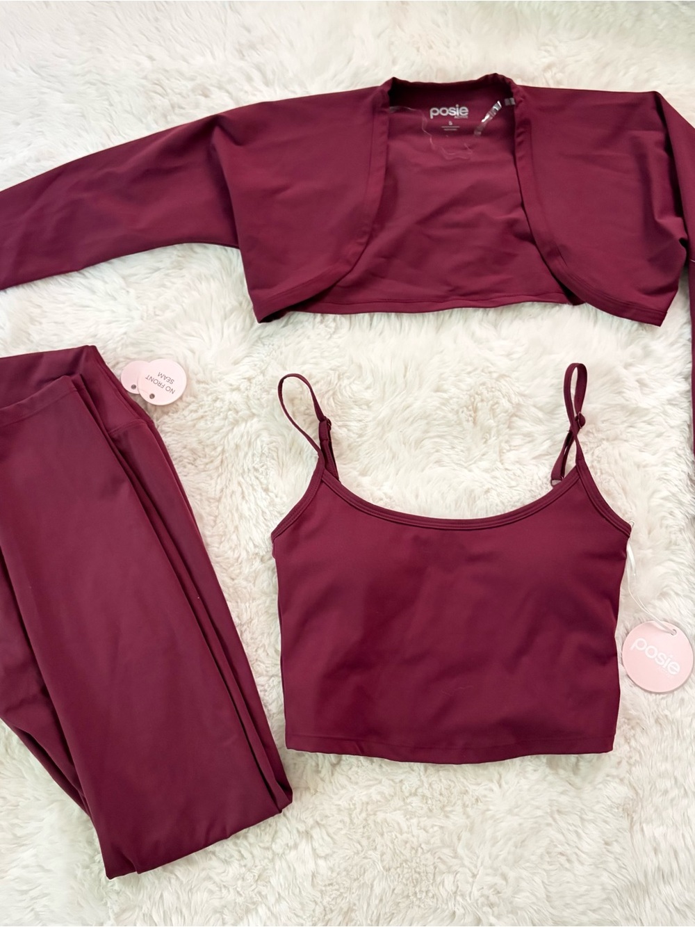 Posie Active Burgundy 3 Piece Tank, Bolero, and Leggings Set